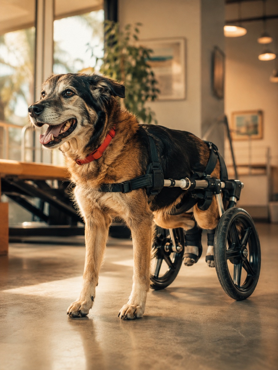 Perro caminando feliz con una silla de ruedas de movilidad asistida en Chums Bio